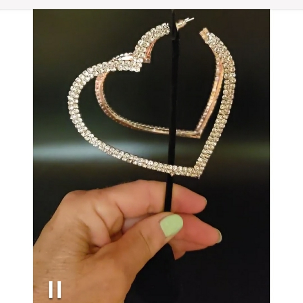 Silver Hoop Rhinestone Heart Earrings Silver Tone 925 Post - Picture 5 of 11